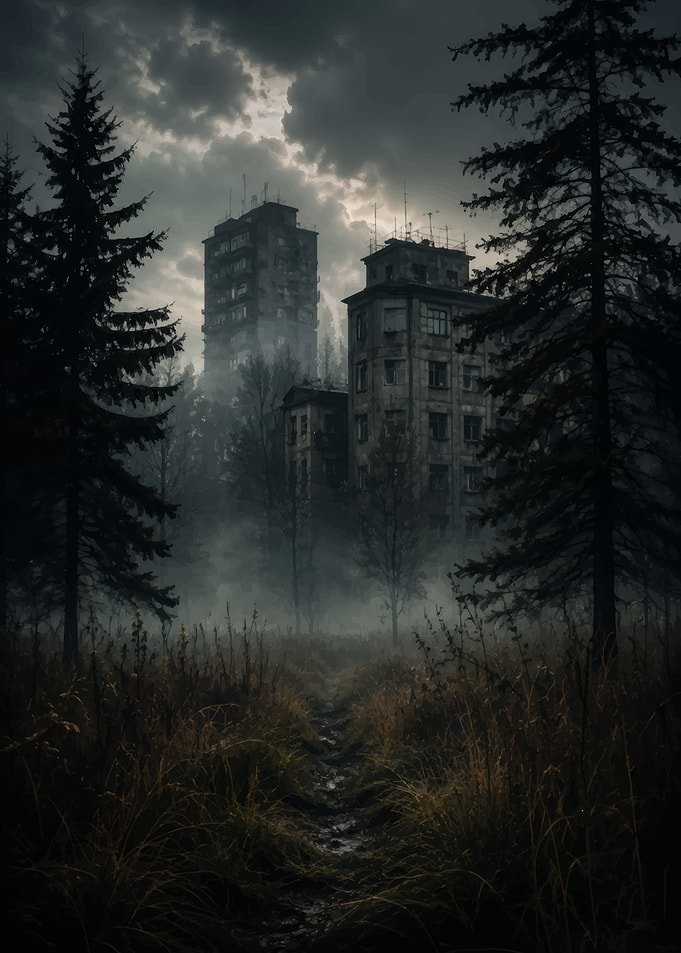 Abandoned Soviet Buildings in Foggy Forest
