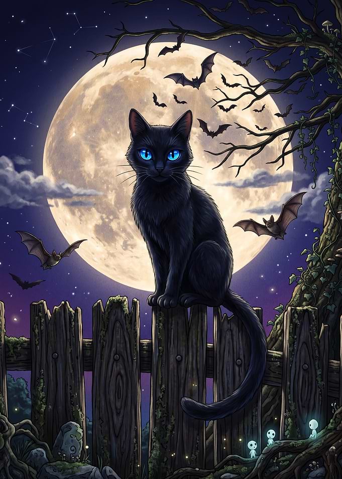Black Cat Under Full Moon