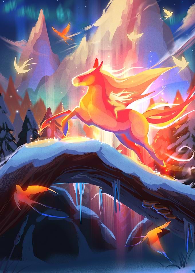 Glowing Fire Horse in Winter Landscape