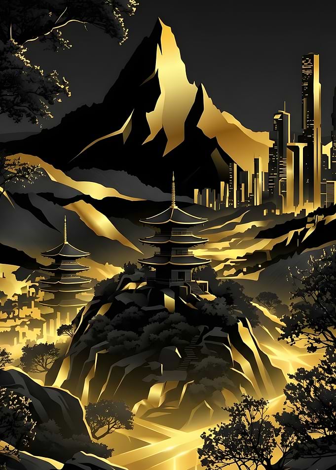 Golden Pagoda and Futuristic Cityscape