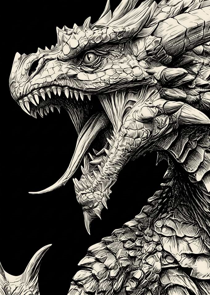 Intricate Black and White Dragon Portrait