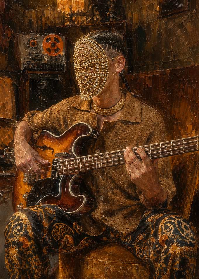 Musician in Jeweled Mask Playing Bass