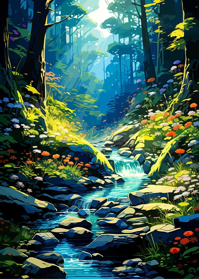 Enchanted Forest Stream with Wildflowers