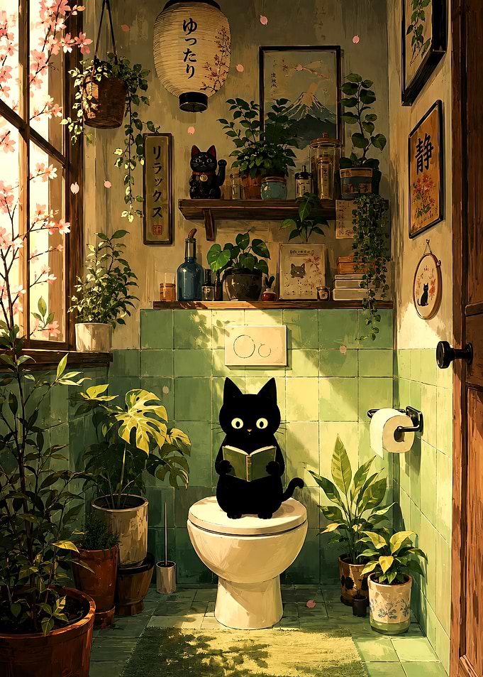 Black Cat Reading on Toilet