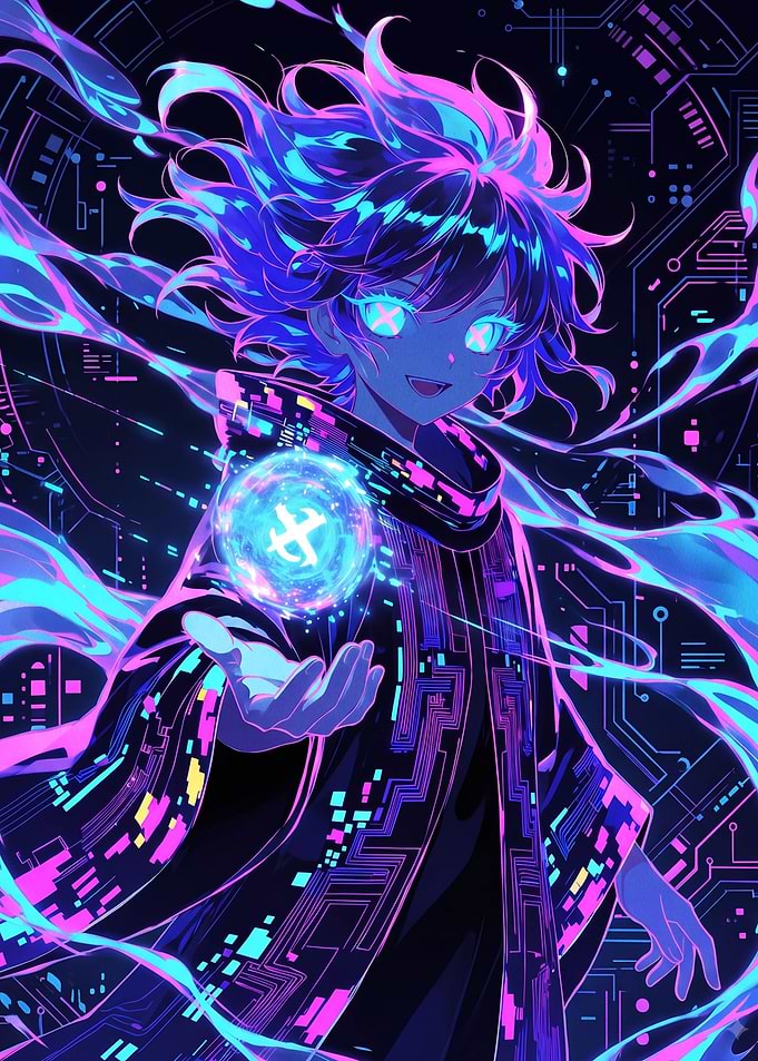 Cyberpunk Anime Mage with Glowing Orb