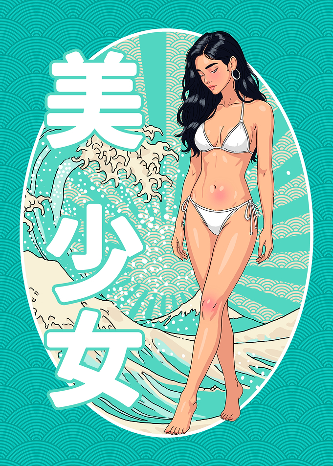 Anime Girl Waifu with Great Wave Art