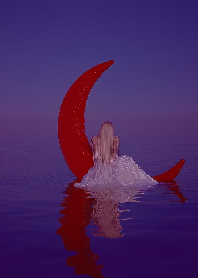 Woman Sitting on Red Crescent Moon