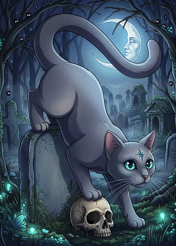Mystical Cat in a Haunted Graveyard
