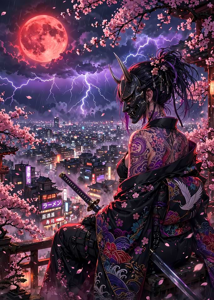 Oni Mask Samurai Overlooking Neon City