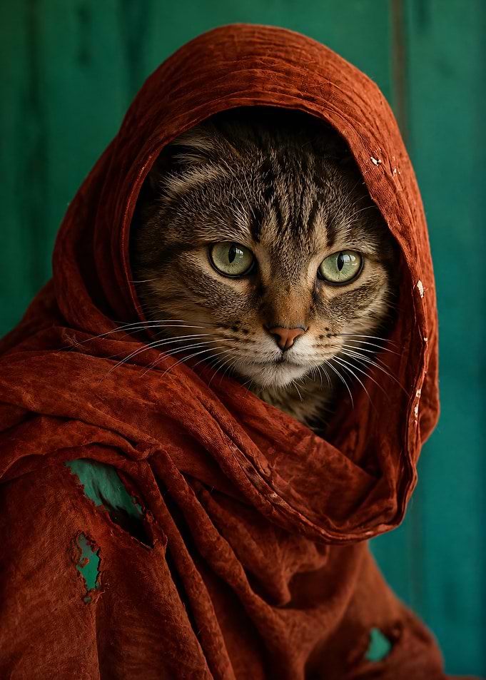 Cat Wearing a Distressed Red Scarf