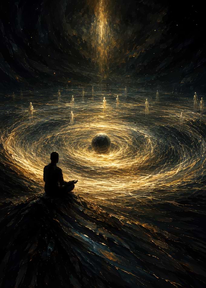 Meditating Figure Before Cosmic Sphere