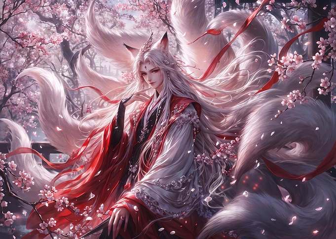 Nine-Tailed Fox Spirit in Cherry Blossoms