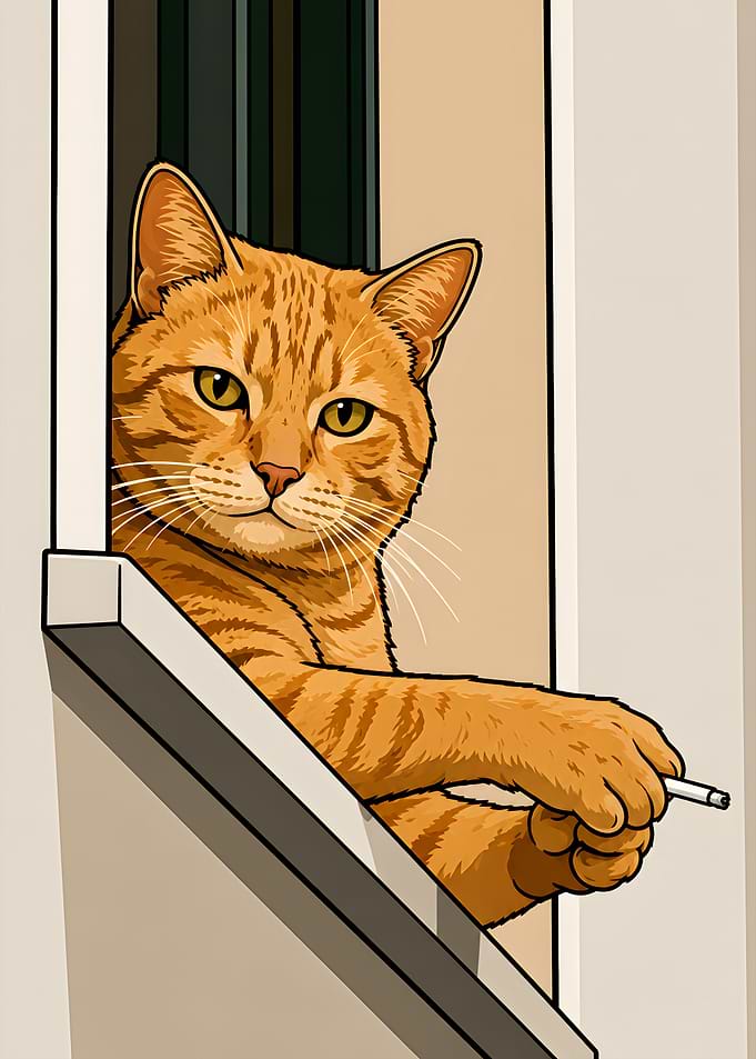Cool Ginger Cat Smoking at Window