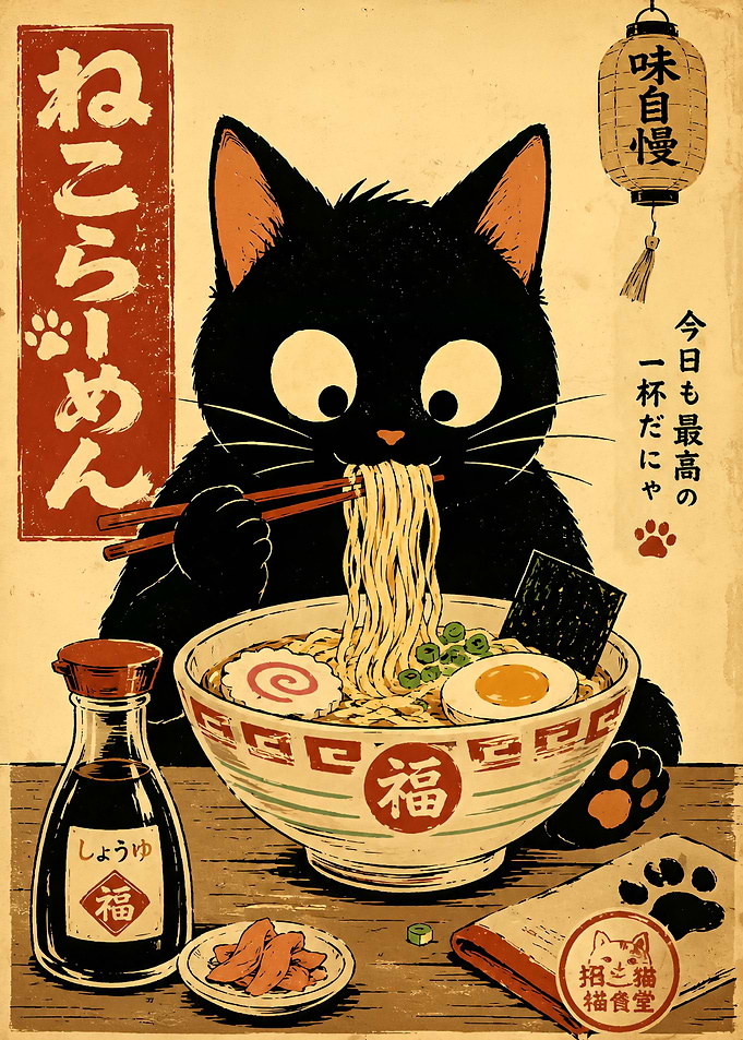 Cute Black Cat Eating Ramen Poster