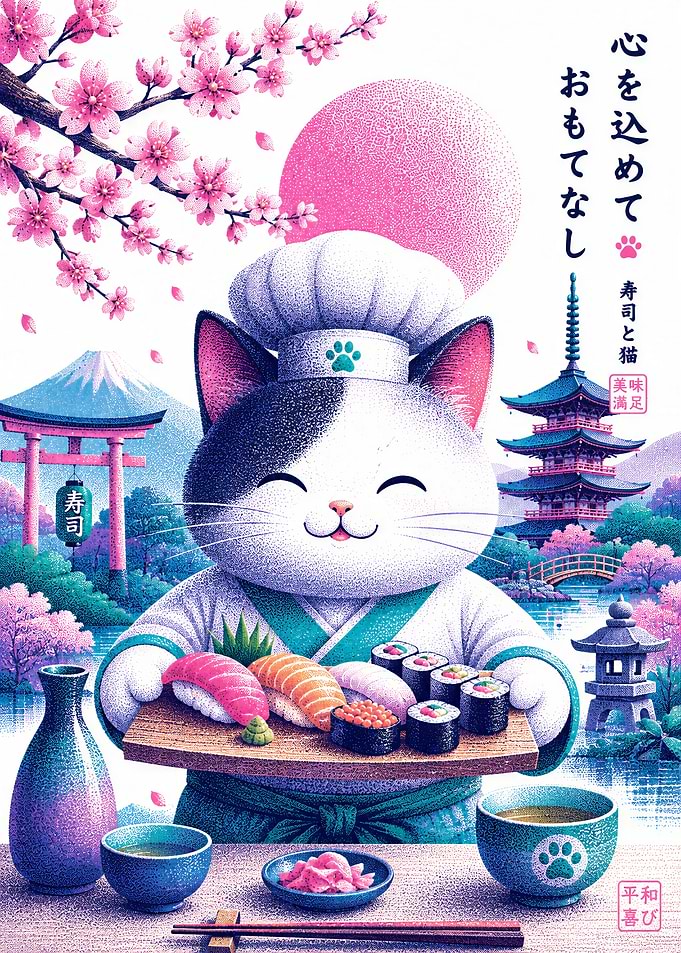 Cute Cat Sushi Chef Illustration