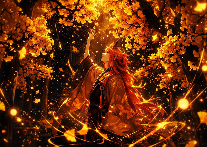 Anime character in golden ginkgo forest