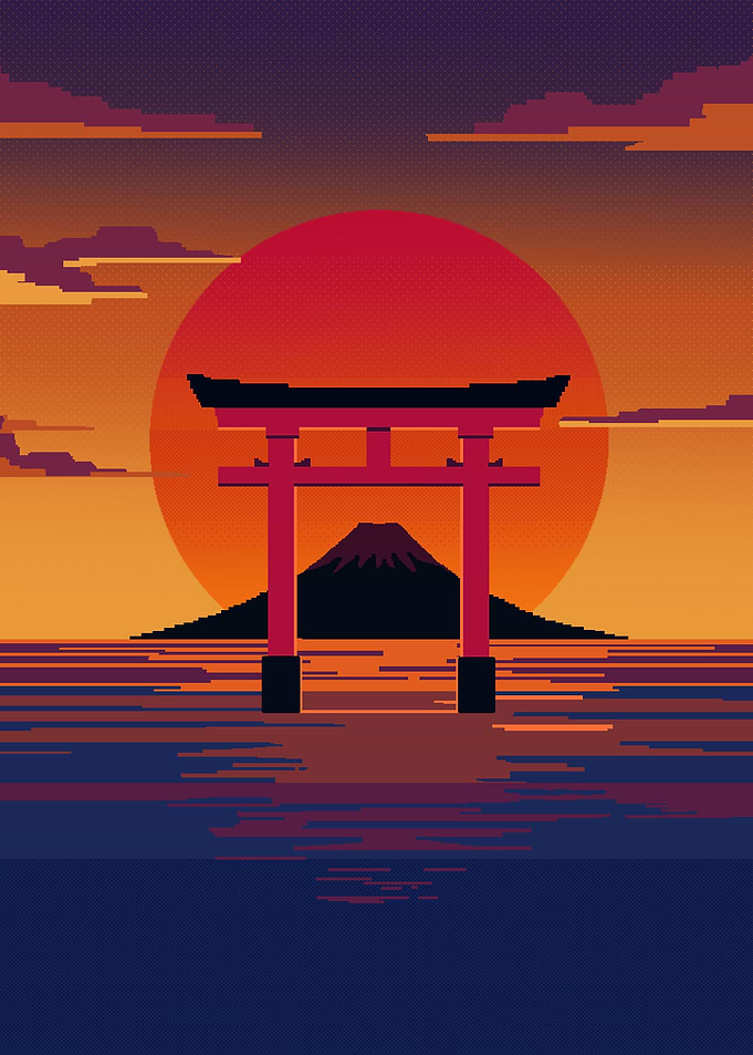 Pixel Art Torii Gate at Sunset