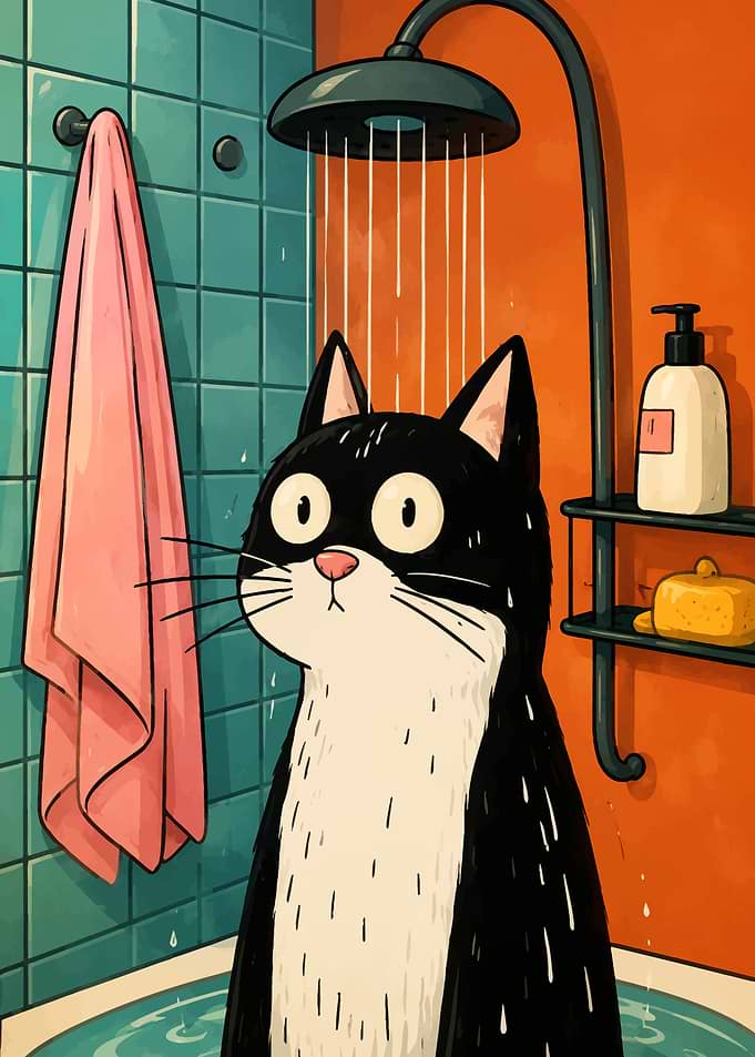 Surprised Tuxedo Cat Taking a Shower