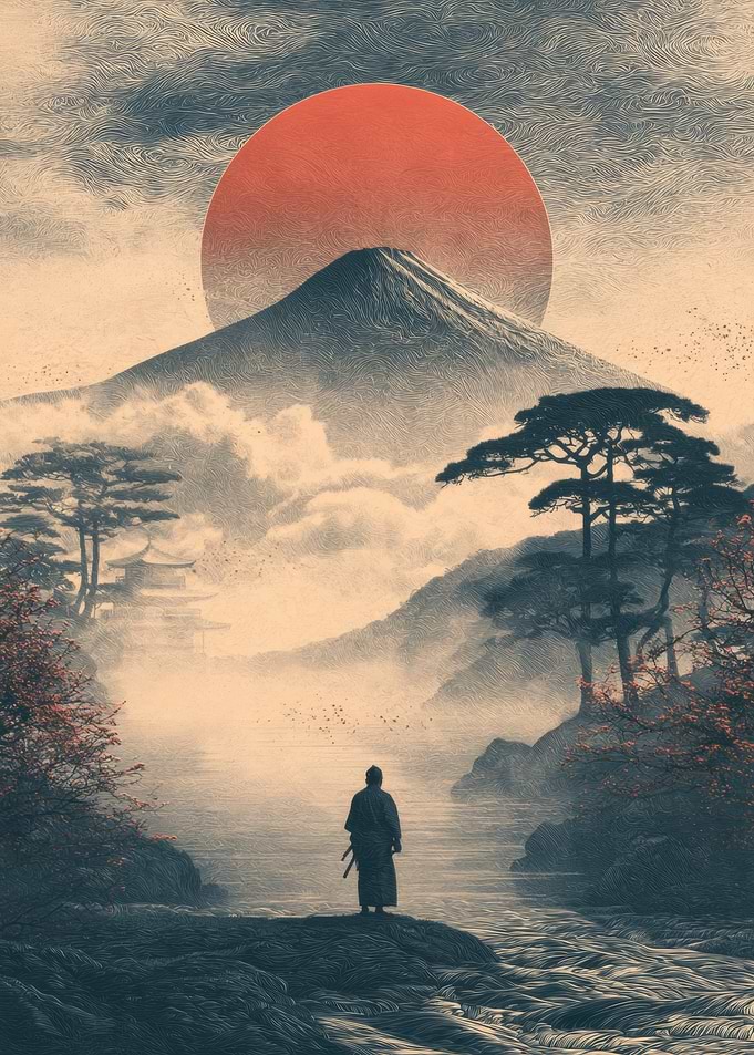 Samurai Standing Before Mount Fuji