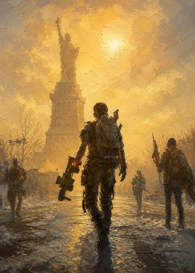 Soldiers Approaching Statue of Liberty