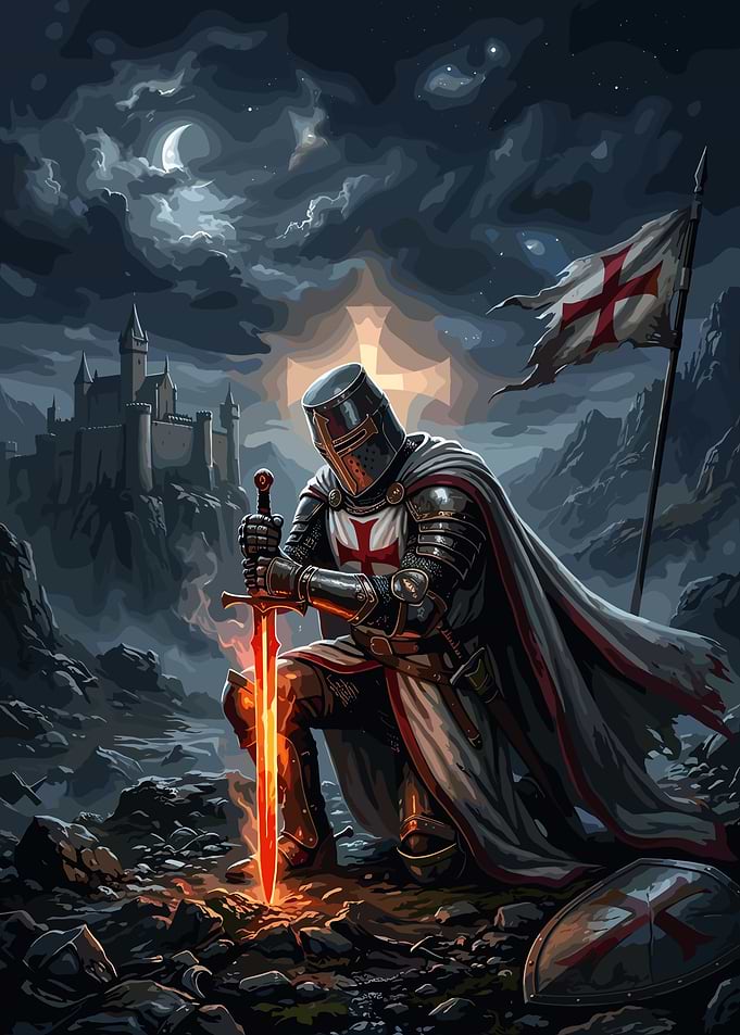 Kneeling Crusader Knight with Flaming Sword