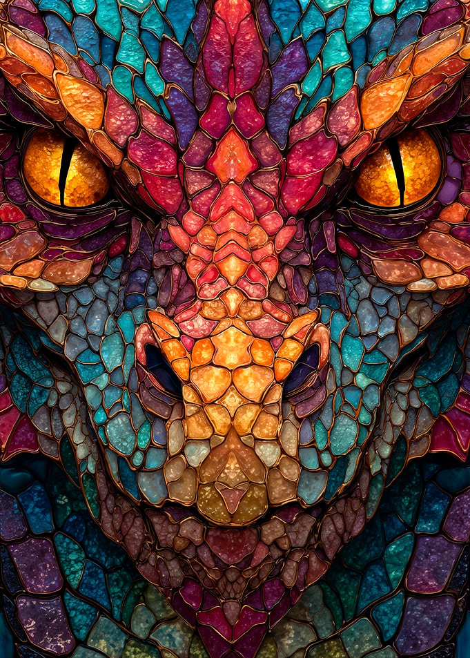 Colorful stained glass dragon face mosaic art
