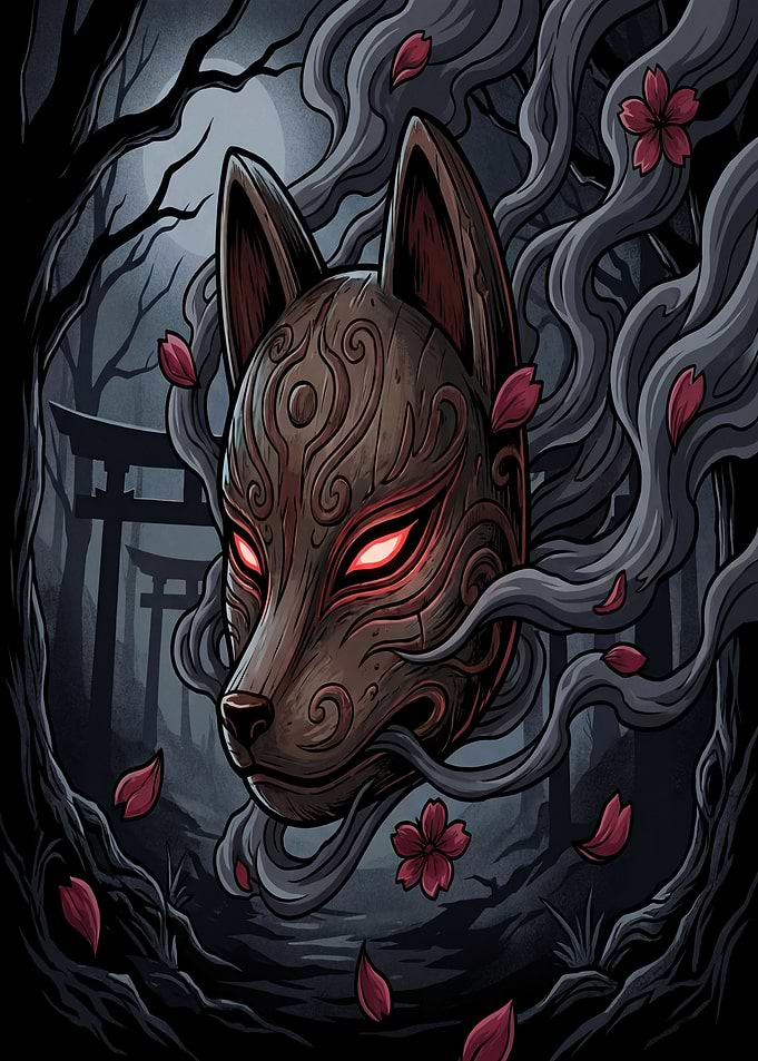 Mystical Kitsune Mask in Dark Forest