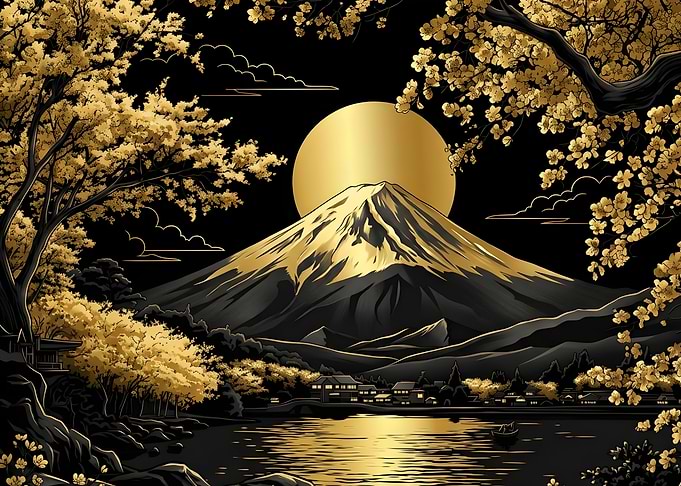 Golden Mount Fuji Landscape Art