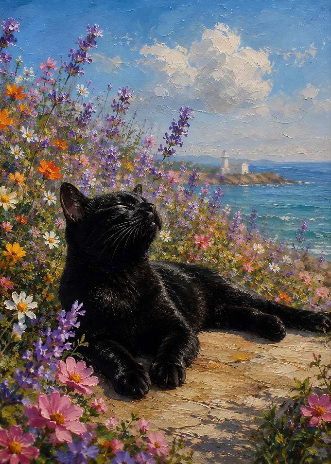 Black Cat Resting in Floral Meadow