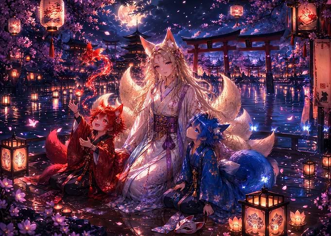 Kitsune Mother and Children at Festival
