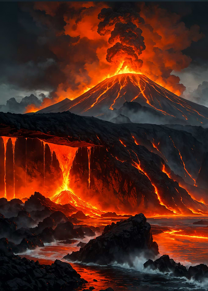 Volcanic Eruption with Flowing Lava