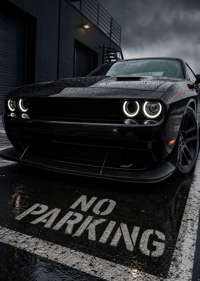 Black Dodge Challenger in Rain