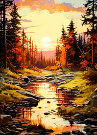 Golden Sunset Over Forest Stream