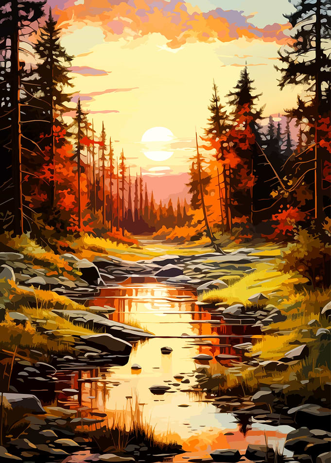 Golden Sunset Over Forest Stream