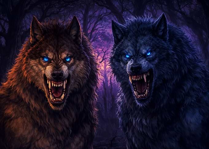 Two Fierce Wolves in Dark Forest