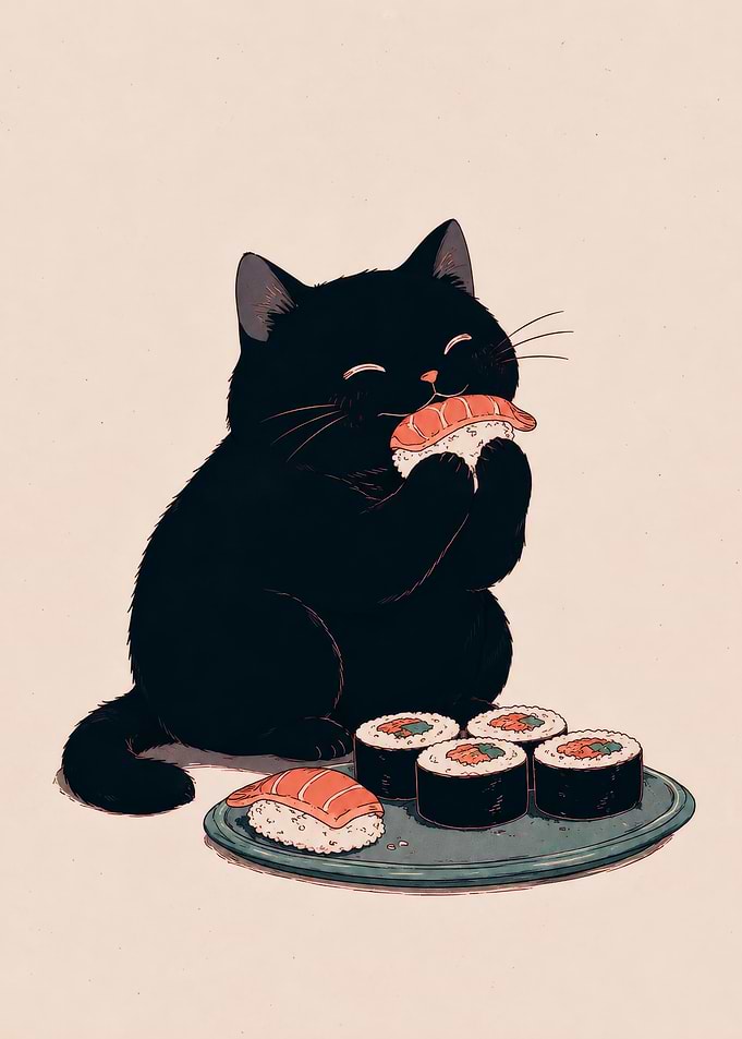 Cute Black Cat Eating Sushi