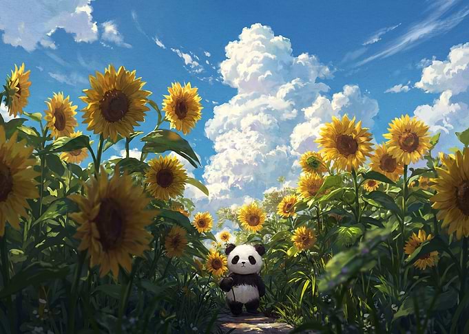 Cute Panda in Sunflower Field