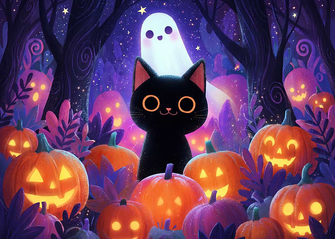 Cute Black Cat and Ghost Halloween