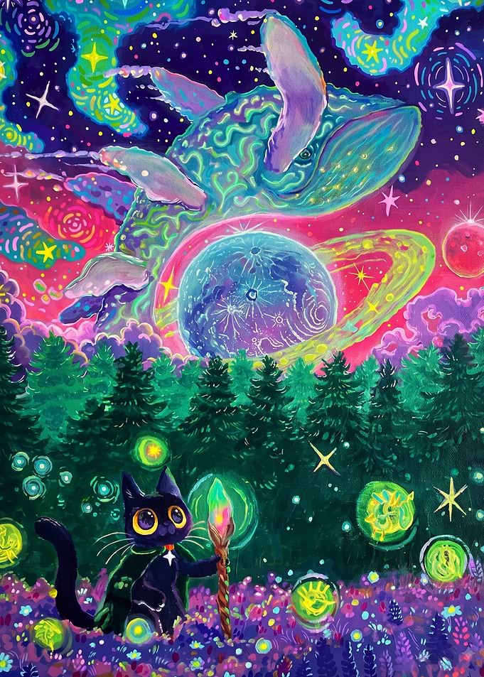 Cosmic Cat Wizard in Magical Forest