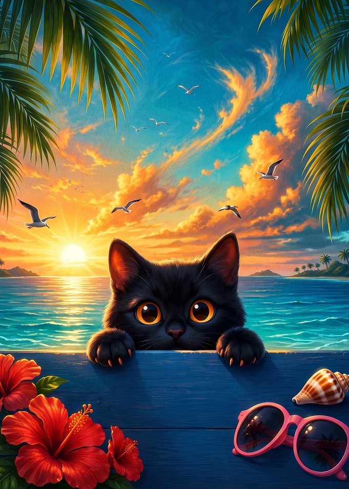 Cute Black Cat at Tropical Sunset