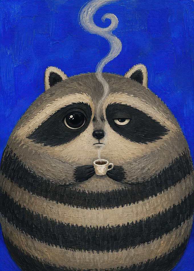 Tired Raccoon Drinking Morning Coffee