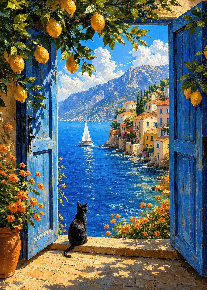 Black Cat Overlooking Mediterranean Coast