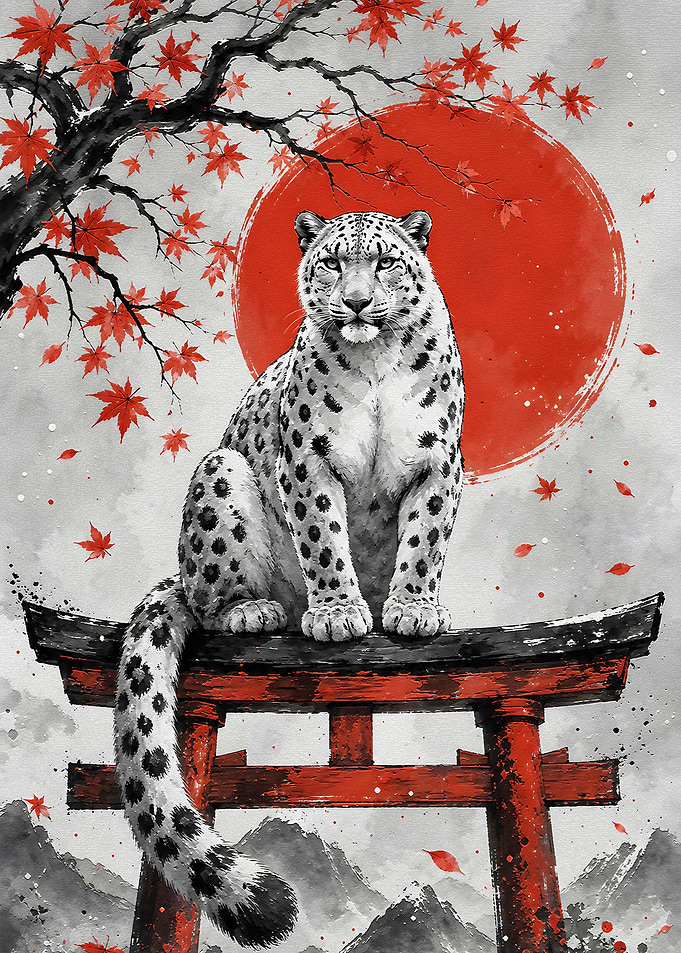 Snow Leopard on Torii Gate