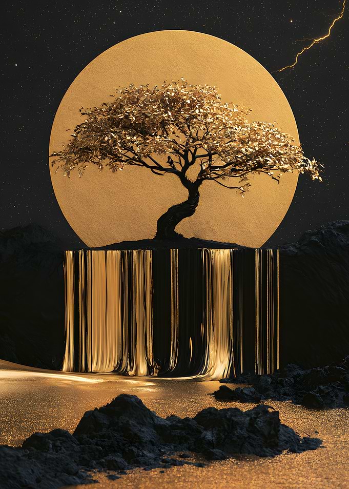 Golden Tree and Waterfall Landscape