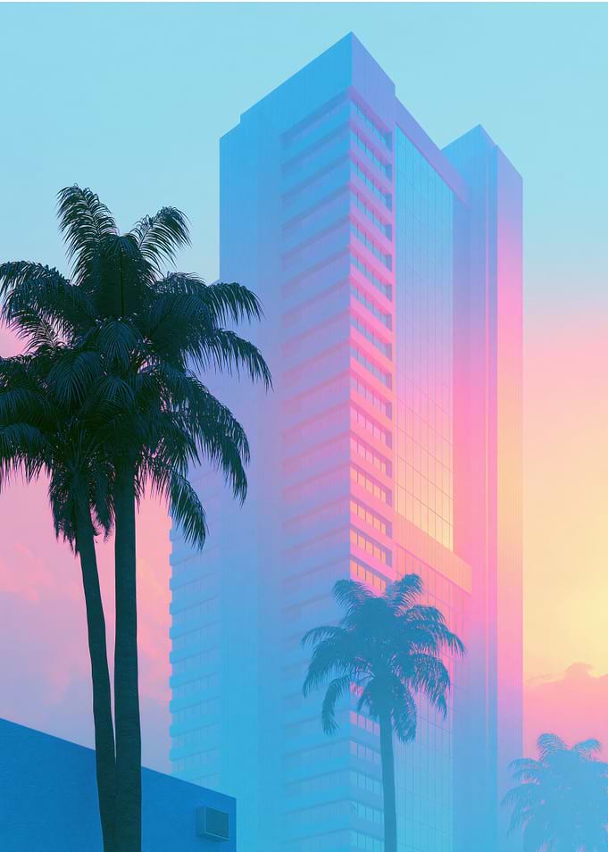 Vaporwave Skyscraper and Palm Trees