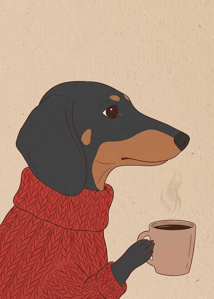 Dachshund in Red Sweater Drinking Coffee
