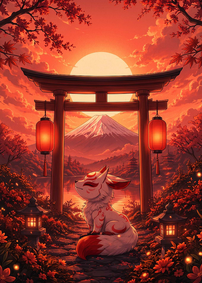 Kitsune Fox at Mount Fuji Torii