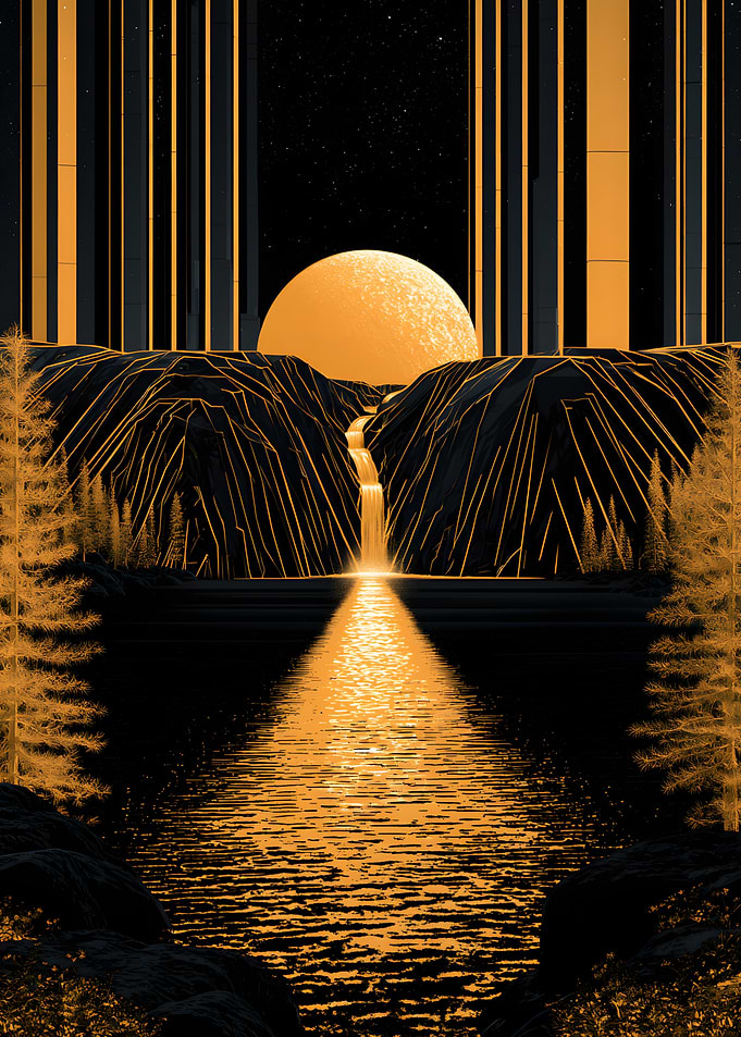 Golden Waterfall Under Glowing Moon