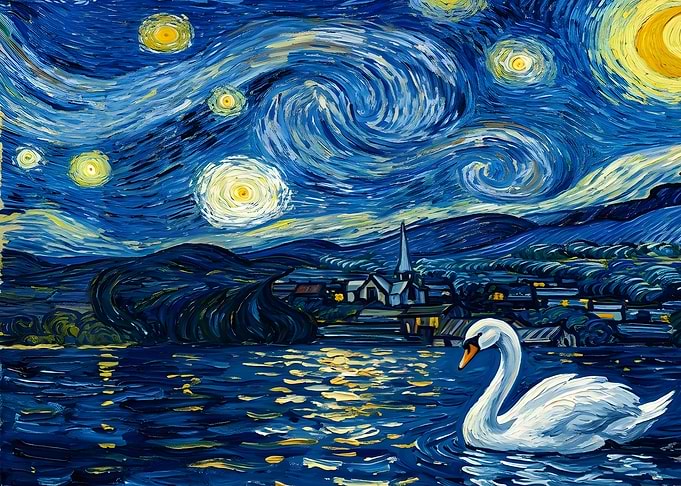 Swan on Lake in Van Gogh Style