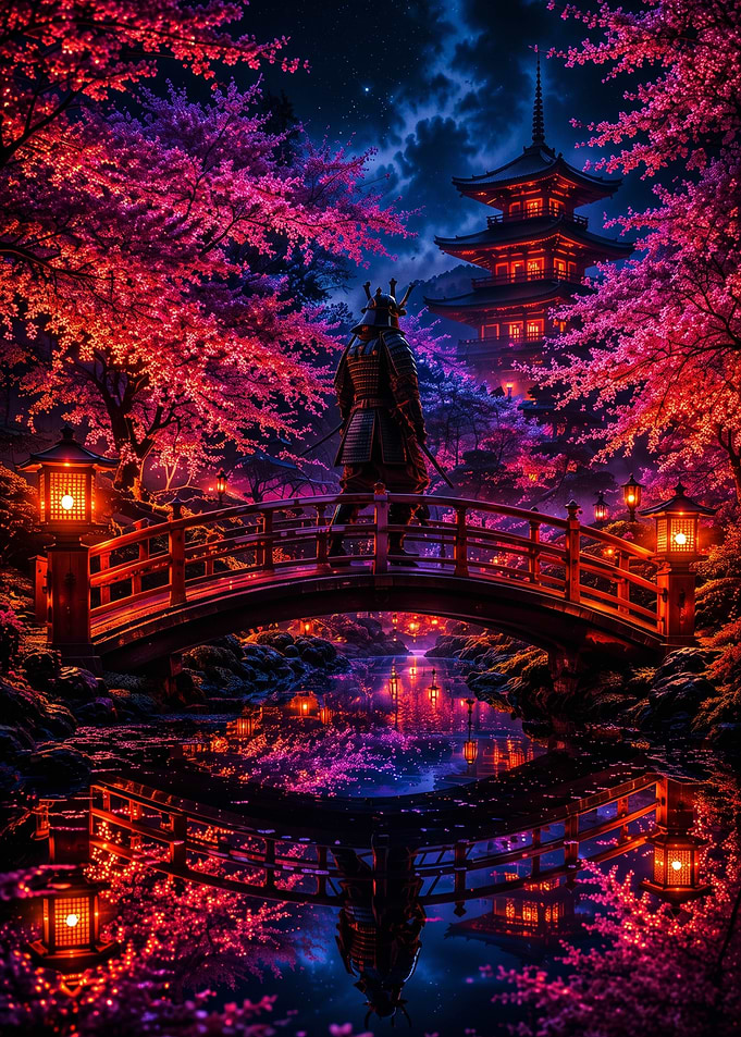 Samurai on Bridge at Night